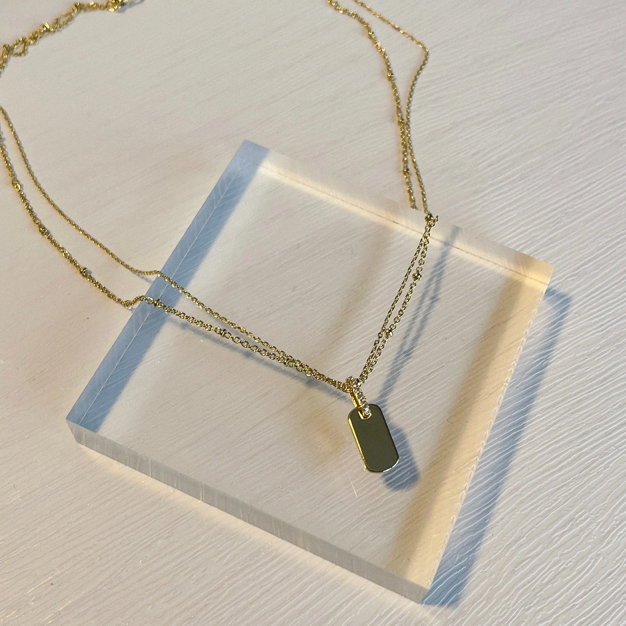 Gold Layered Chain Tag Charm Necklace
