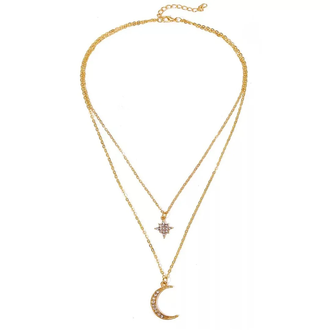 Gold Plated Double Layered Star Moon Pendant