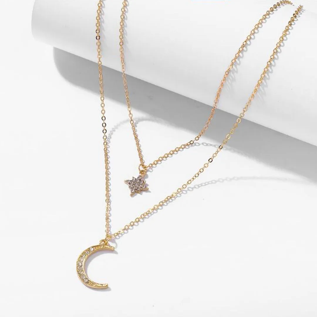 Gold Plated Double Layered Star Moon Pendant