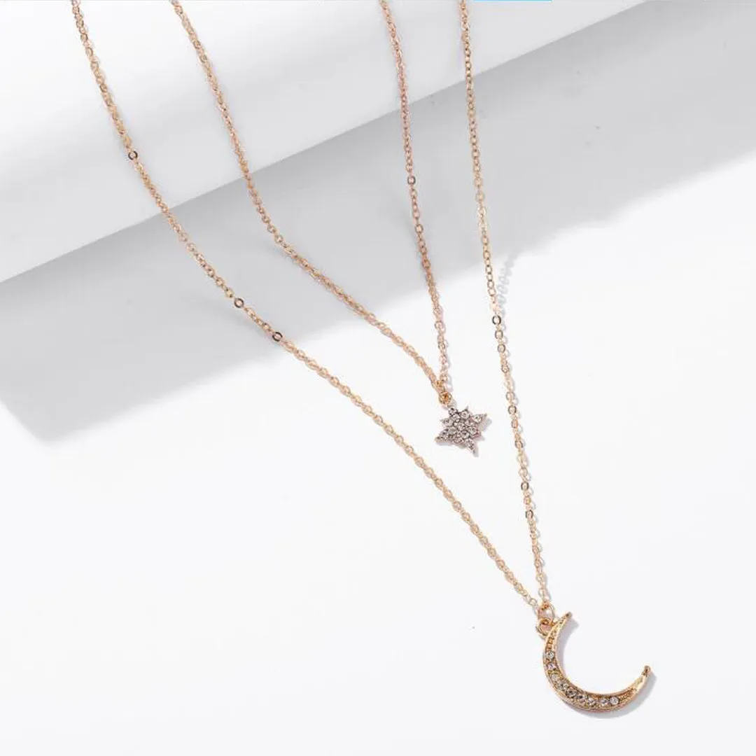 Gold Plated Double Layered Star Moon Pendant