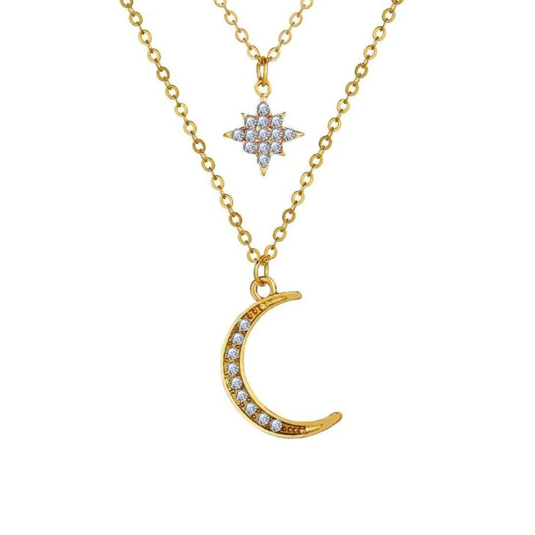 Gold Plated Double Layered Star Moon Pendant