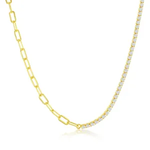 Gold Plated Silver Half & Half Paperclip & Tennis Necklace