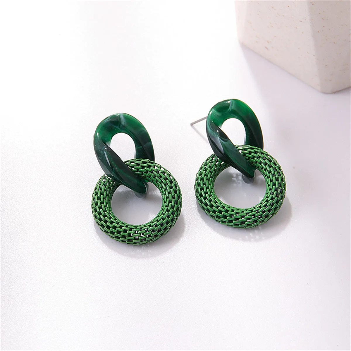 Green Acrylic & Enamel Mesh Open Circle Drop Earrings