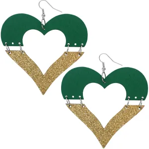 Green Wooden Linked Heart Glitter Earrings