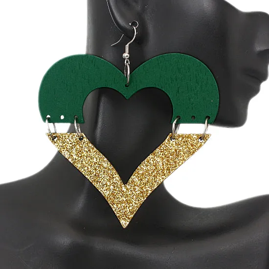 Green Wooden Linked Heart Glitter Earrings