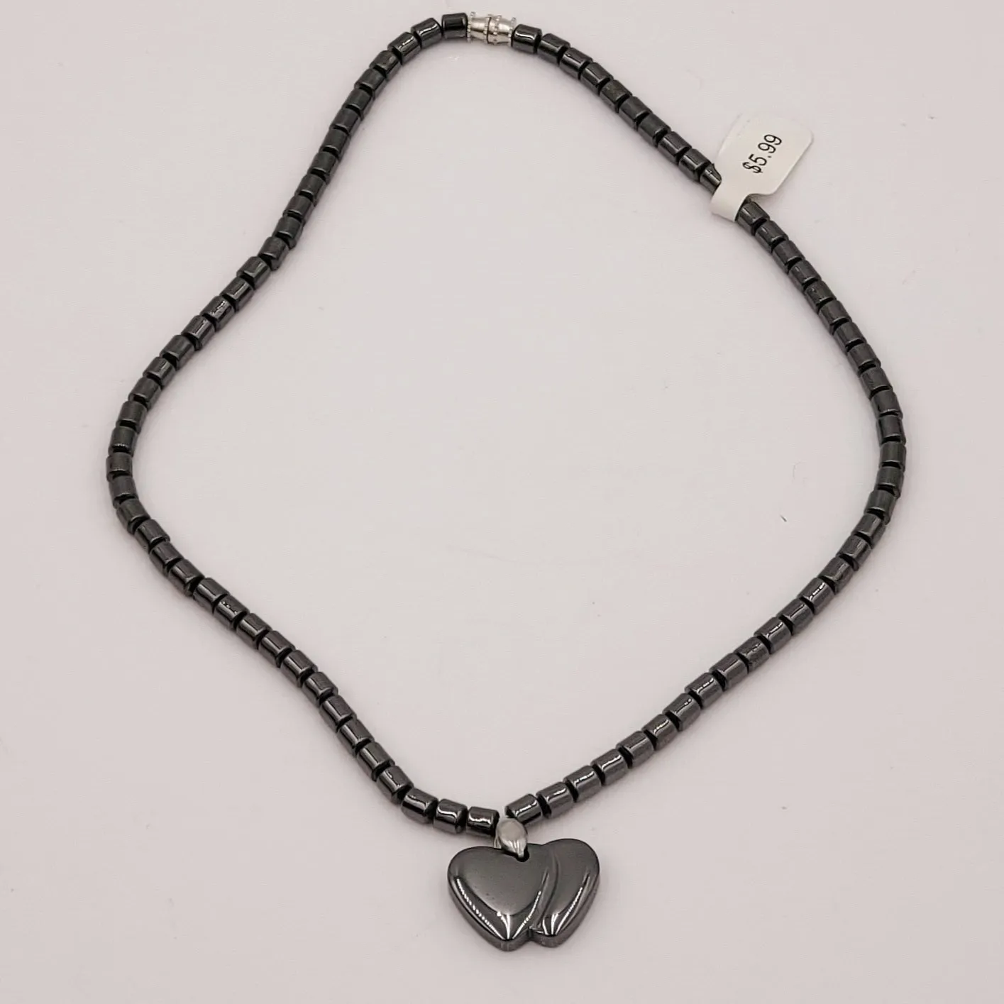 Grey Beaded Animal Necklace-Double Hearts