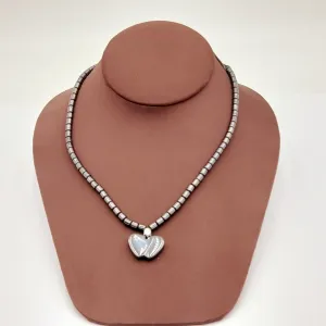 Grey Beaded Animal Necklace-Double Hearts