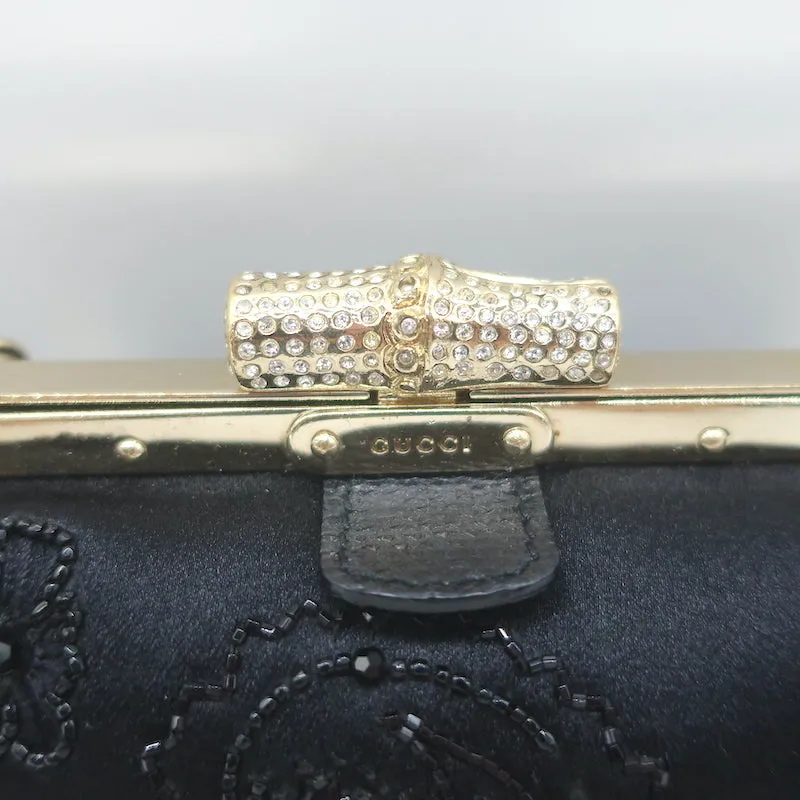 Gucci Crystal-Embellished Bamboo Strap Mini Evening Bag Black Beaded Satin