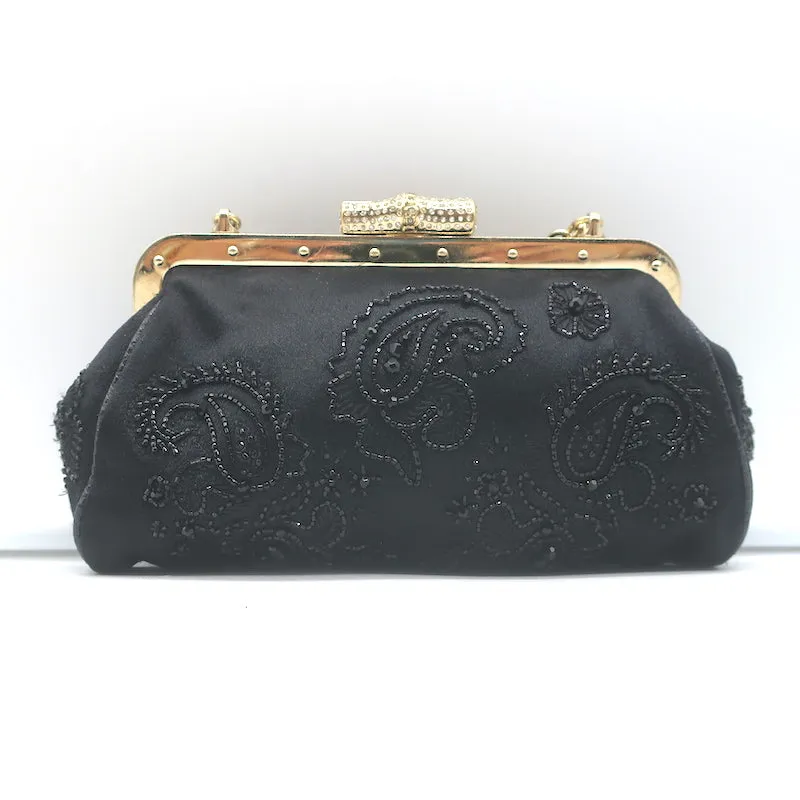 Gucci Crystal-Embellished Bamboo Strap Mini Evening Bag Black Beaded Satin
