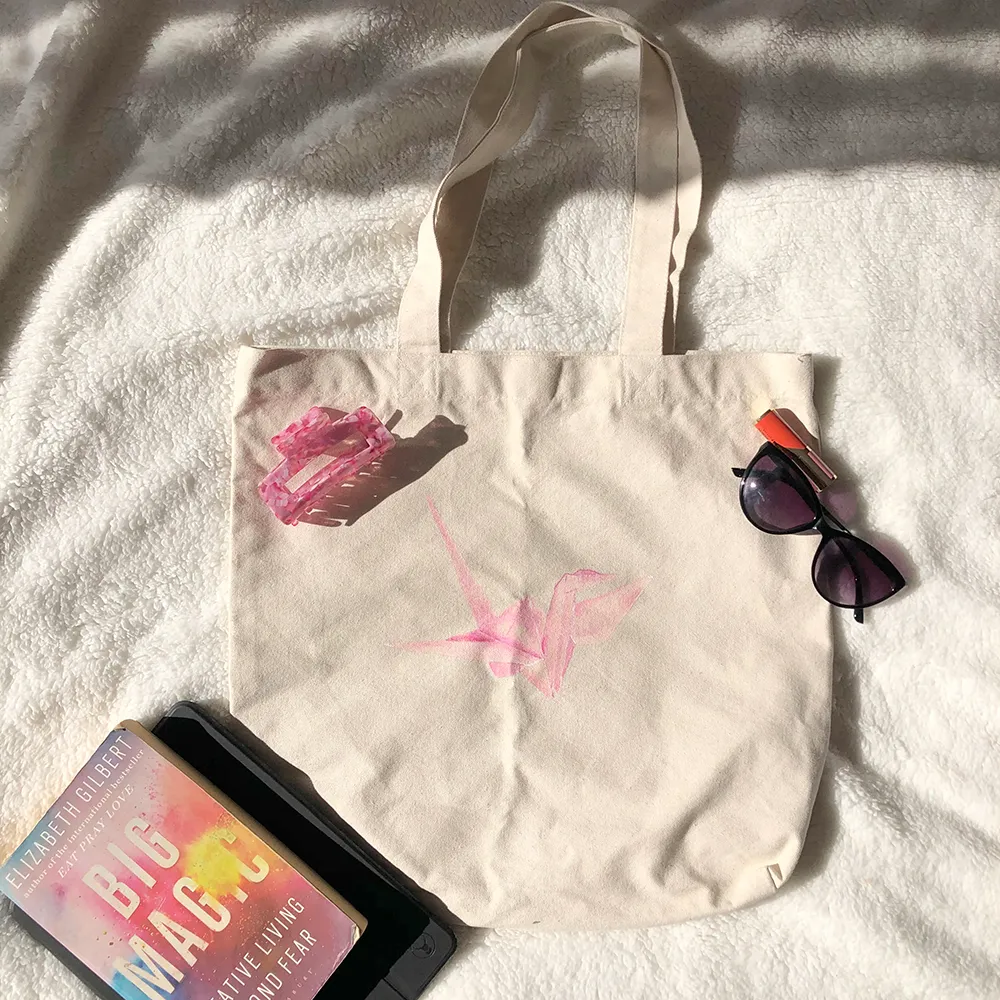 Hand-painted Pink Origami Crane Tote Bag