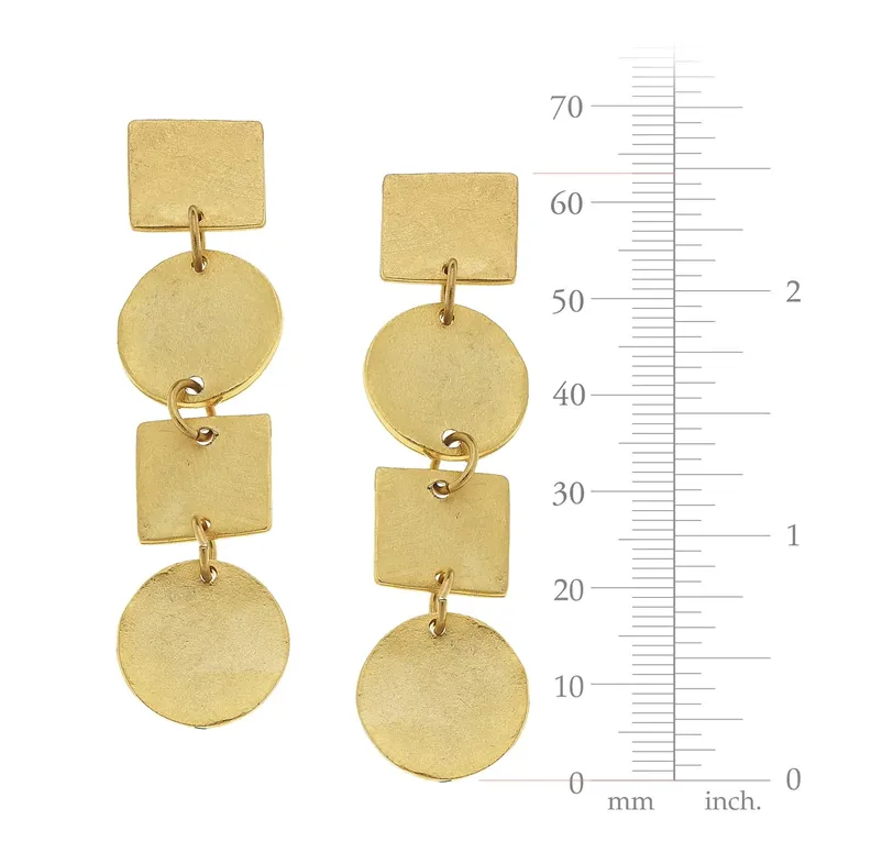 Handcast Gold Round & Square Linked Earrings