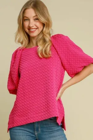 Hazel Blues® | Umgee Boxy Cut Jacquard Round Neck Top with Side Slit