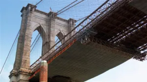 Helicopter Flies Over Brooklyn Bridge