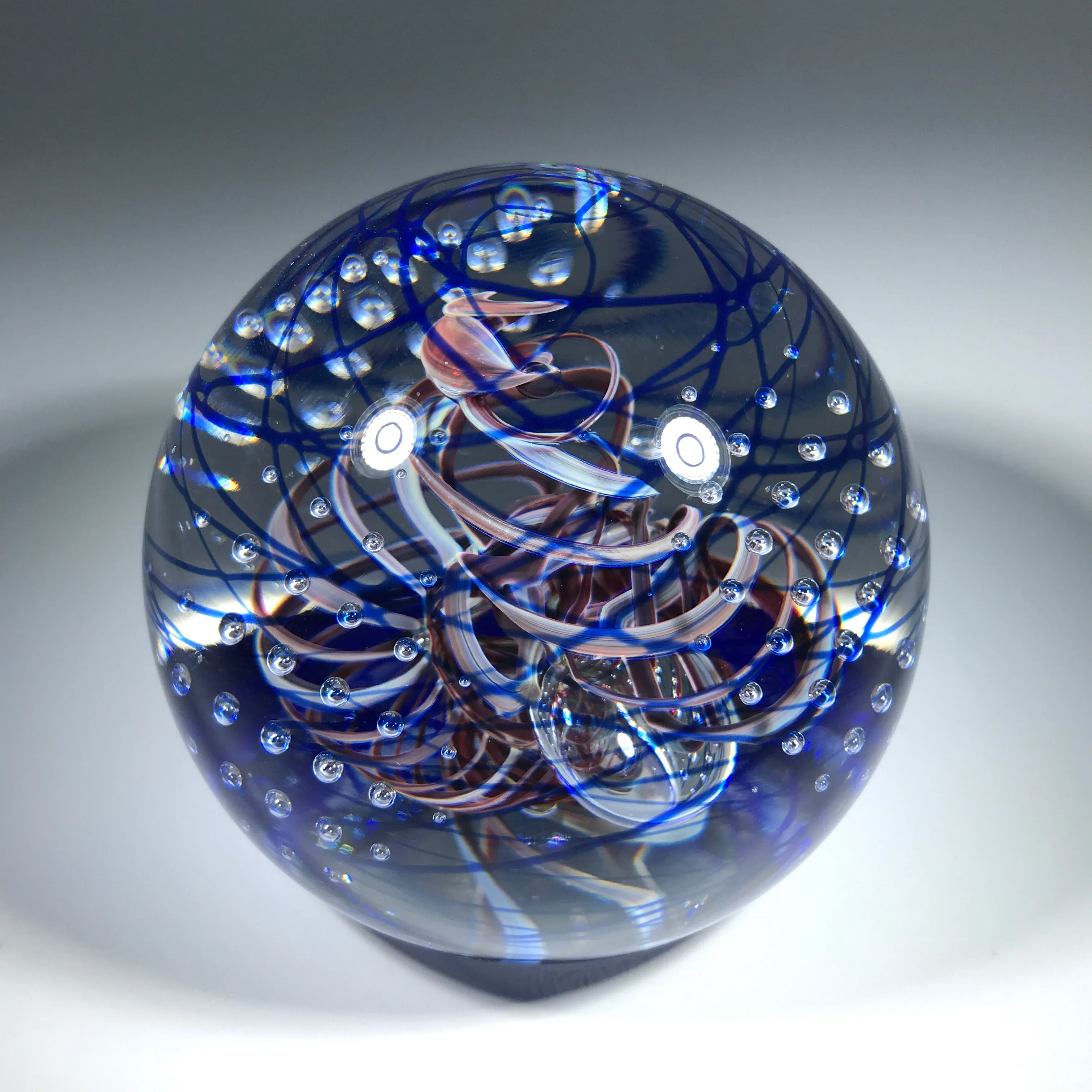 Henry Summa 1997 Art Glass Paperweight Modern Ribbon Swirl and Control Bubbles