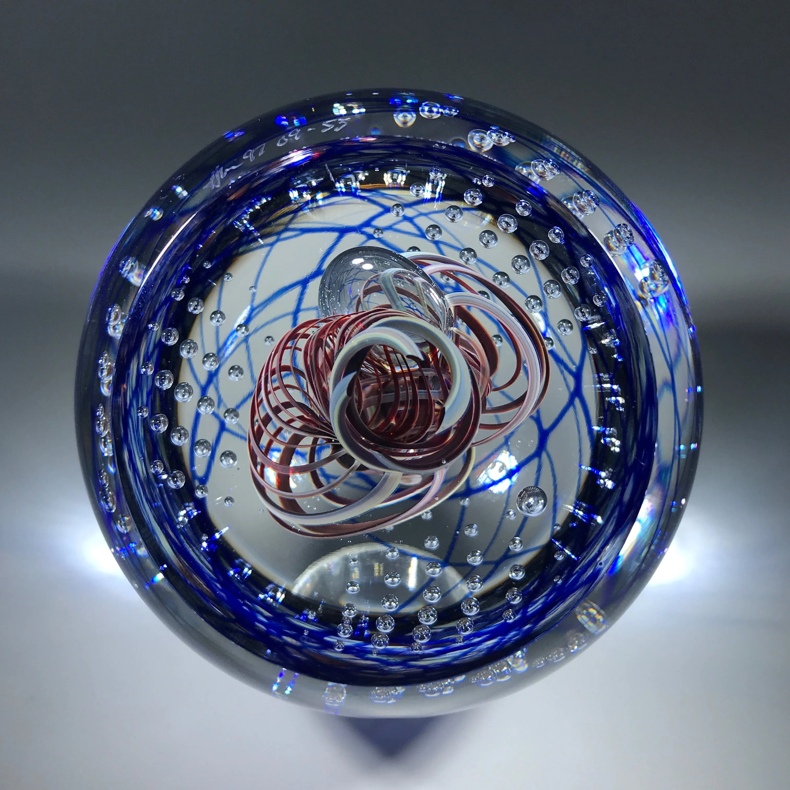 Henry Summa 1997 Art Glass Paperweight Modern Ribbon Swirl and Control Bubbles