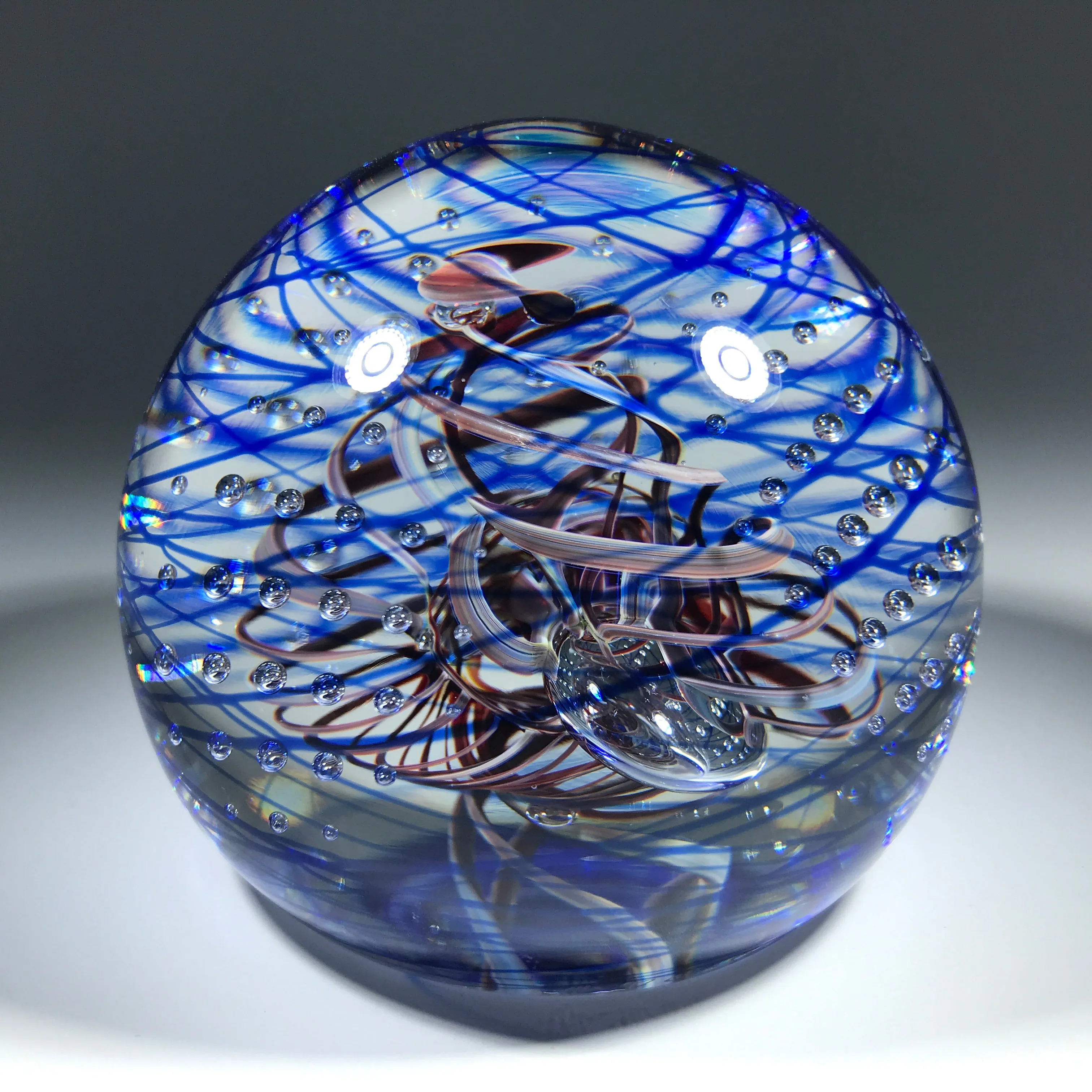 Henry Summa 1997 Art Glass Paperweight Modern Ribbon Swirl and Control Bubbles