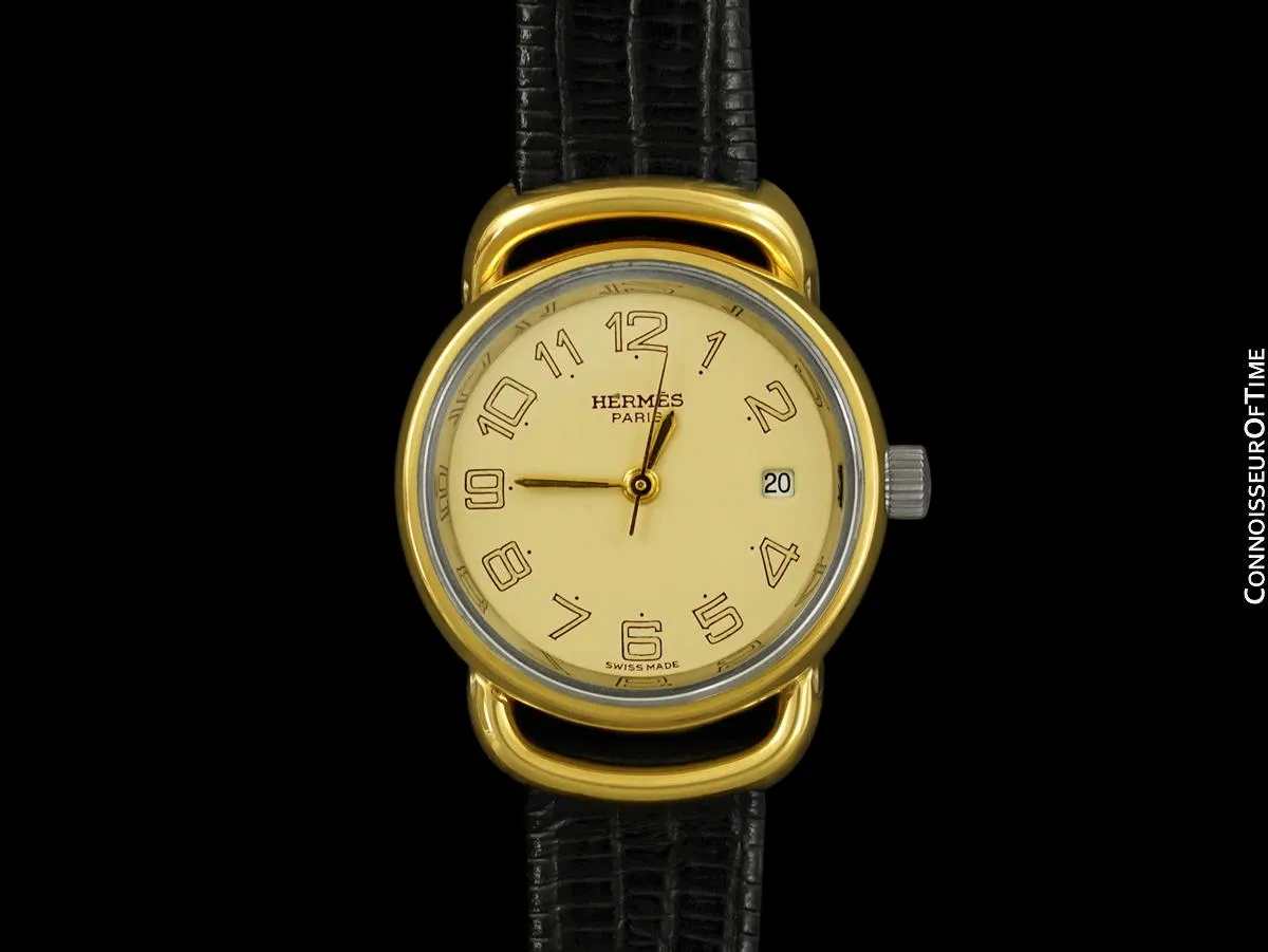 Hermes Pullman Ladies Cream Dial Watch with Date - 18K Gold Plated & Stainless Steel