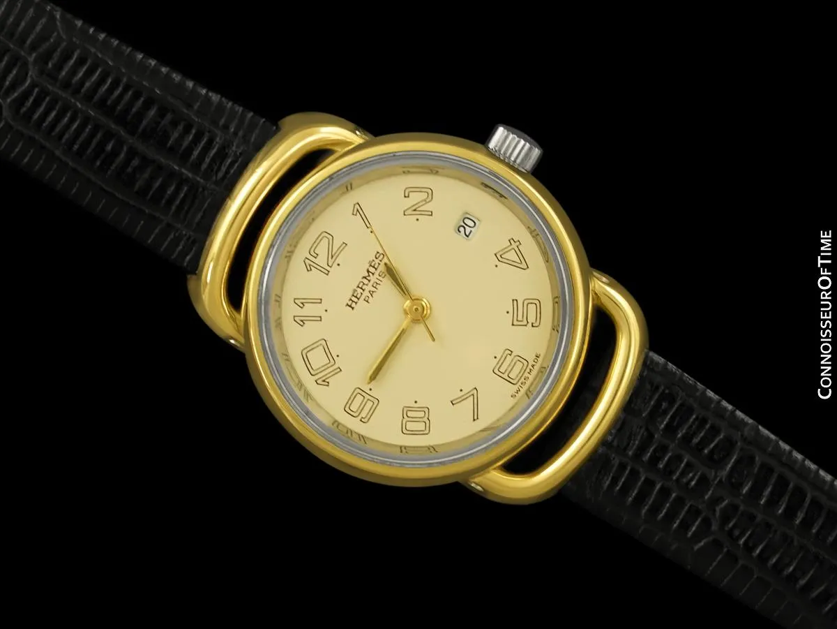 Hermes Pullman Ladies Cream Dial Watch with Date - 18K Gold Plated & Stainless Steel