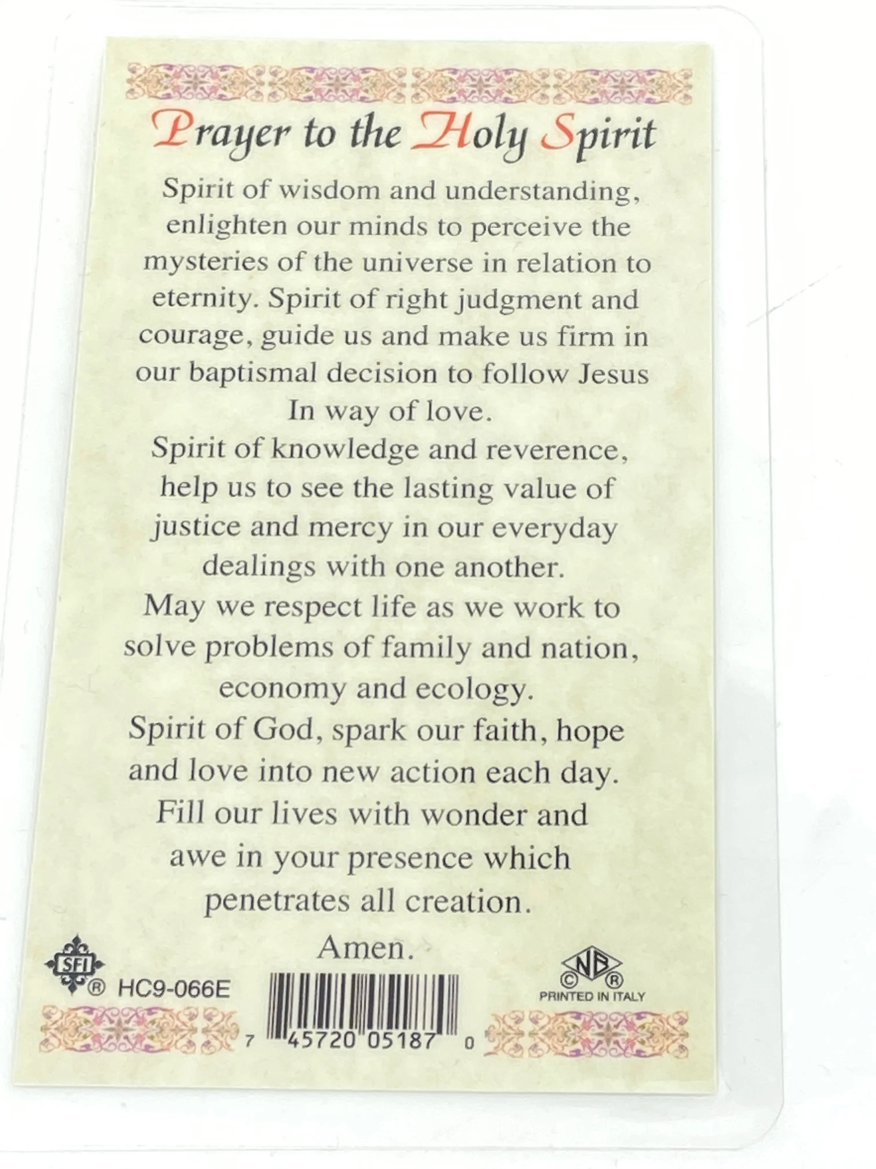 Holy Spirit Laminated Holy Card (Plastic Covered)