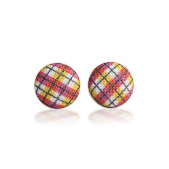 Hot Argyle Fabric Covered Button Earrings