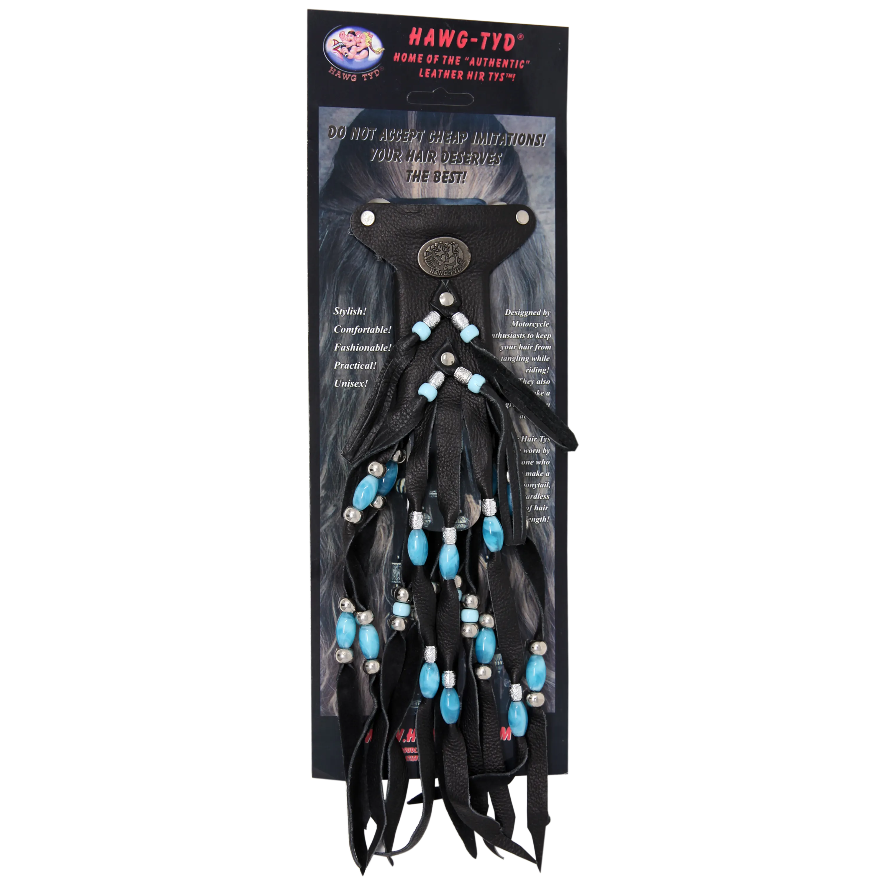 HTBlue "Hawg Tyd" The Authentic Leather Hair TYS - Blue Beads