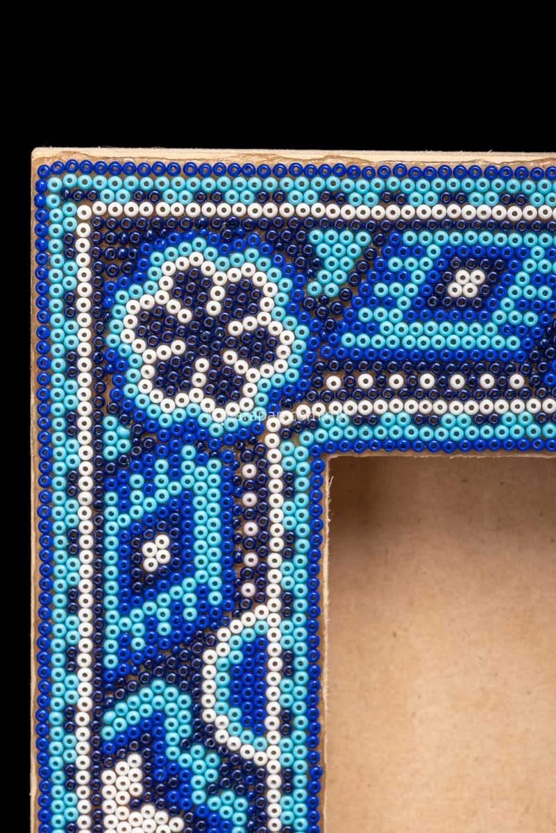 Huichol Beaded Picture Frame in Blue & White