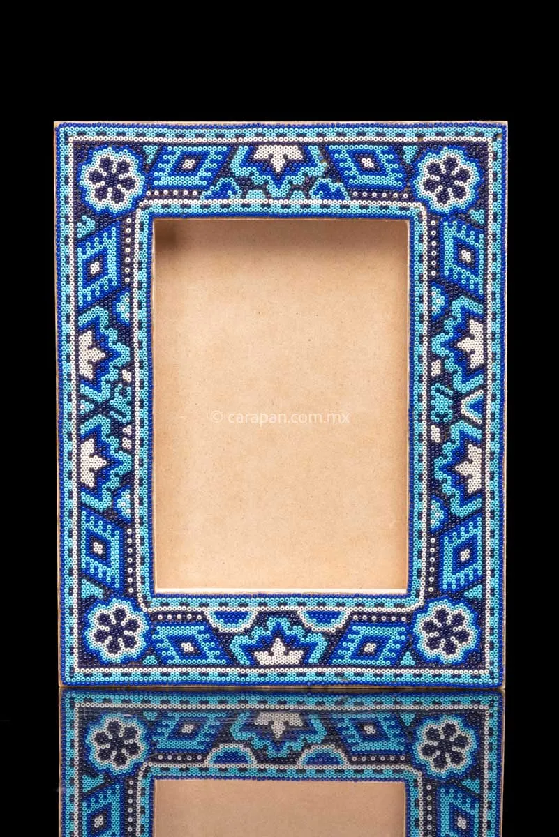 Huichol Beaded Picture Frame in Blue & White