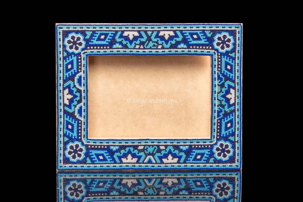 Huichol Beaded Picture Frame in Blue & White