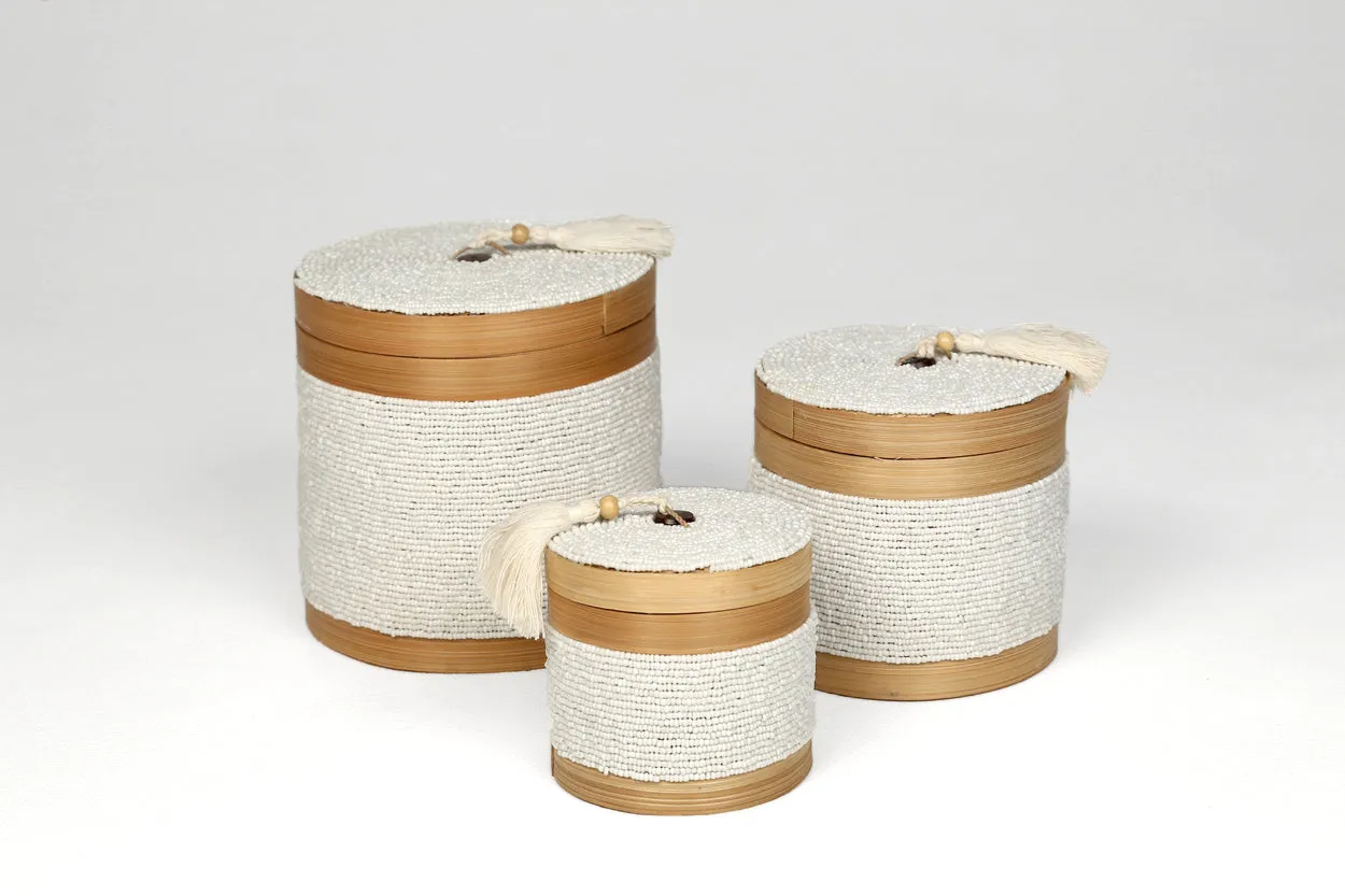 Indonesian Round Beaded Boxes-White