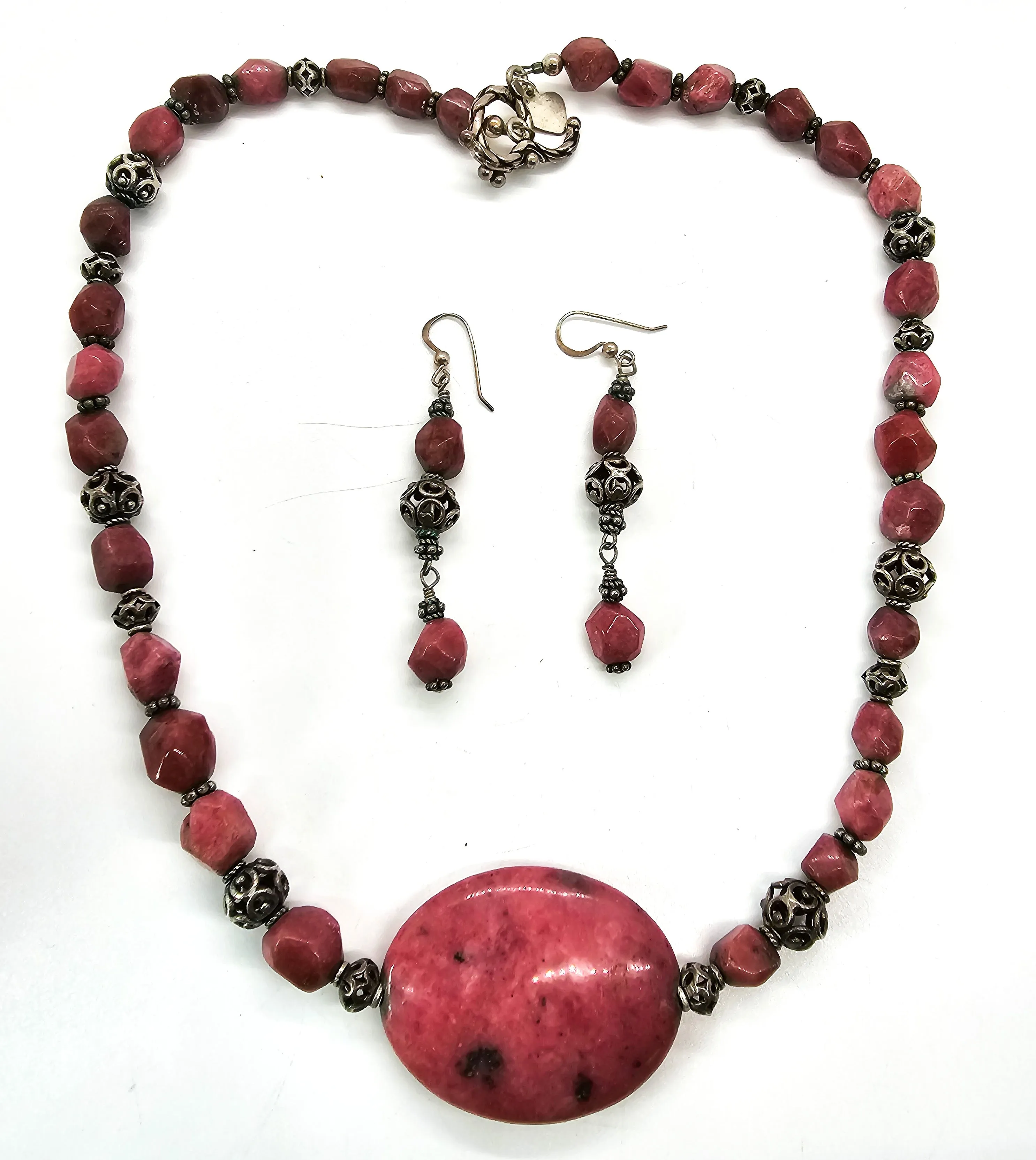 KK Rhodonite chunky pink beaded sterling silver necklace and earrings set