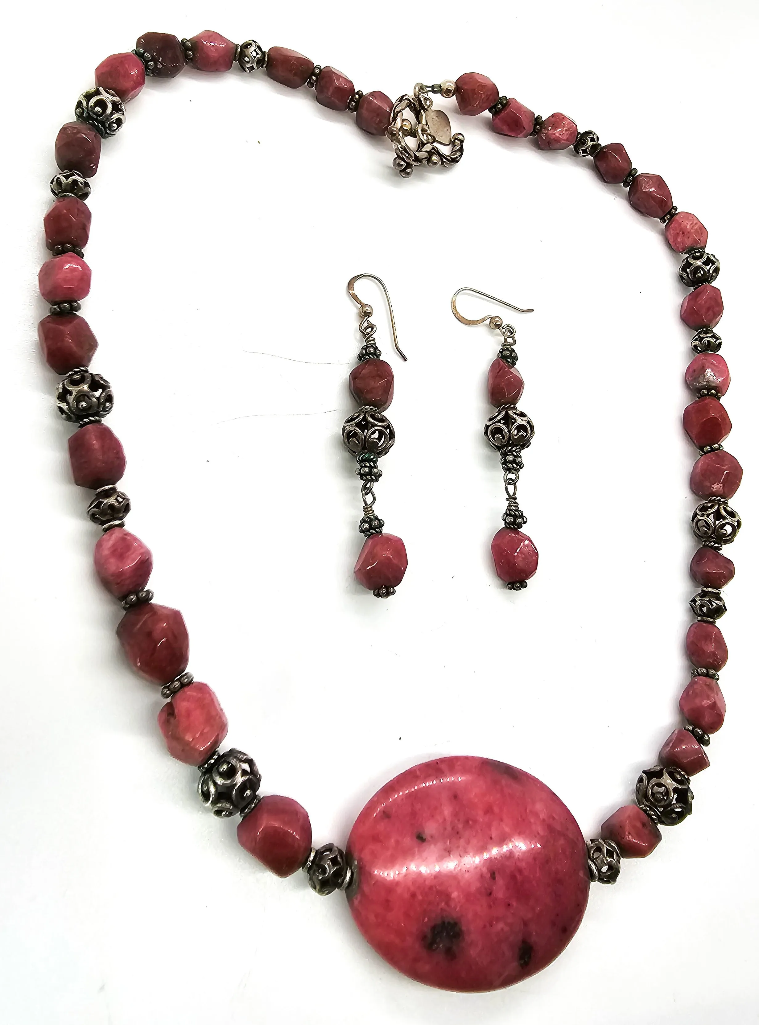 KK Rhodonite chunky pink beaded sterling silver necklace and earrings set