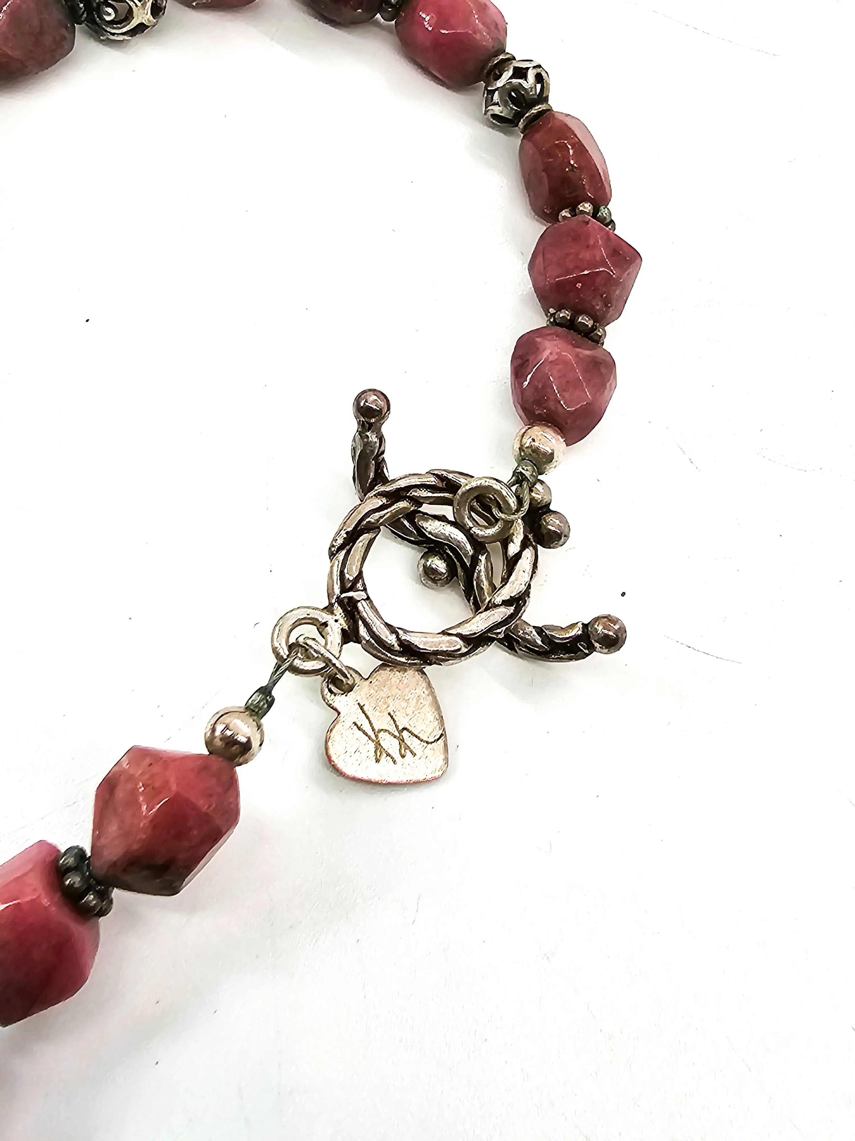 KK Rhodonite chunky pink beaded sterling silver necklace and earrings set