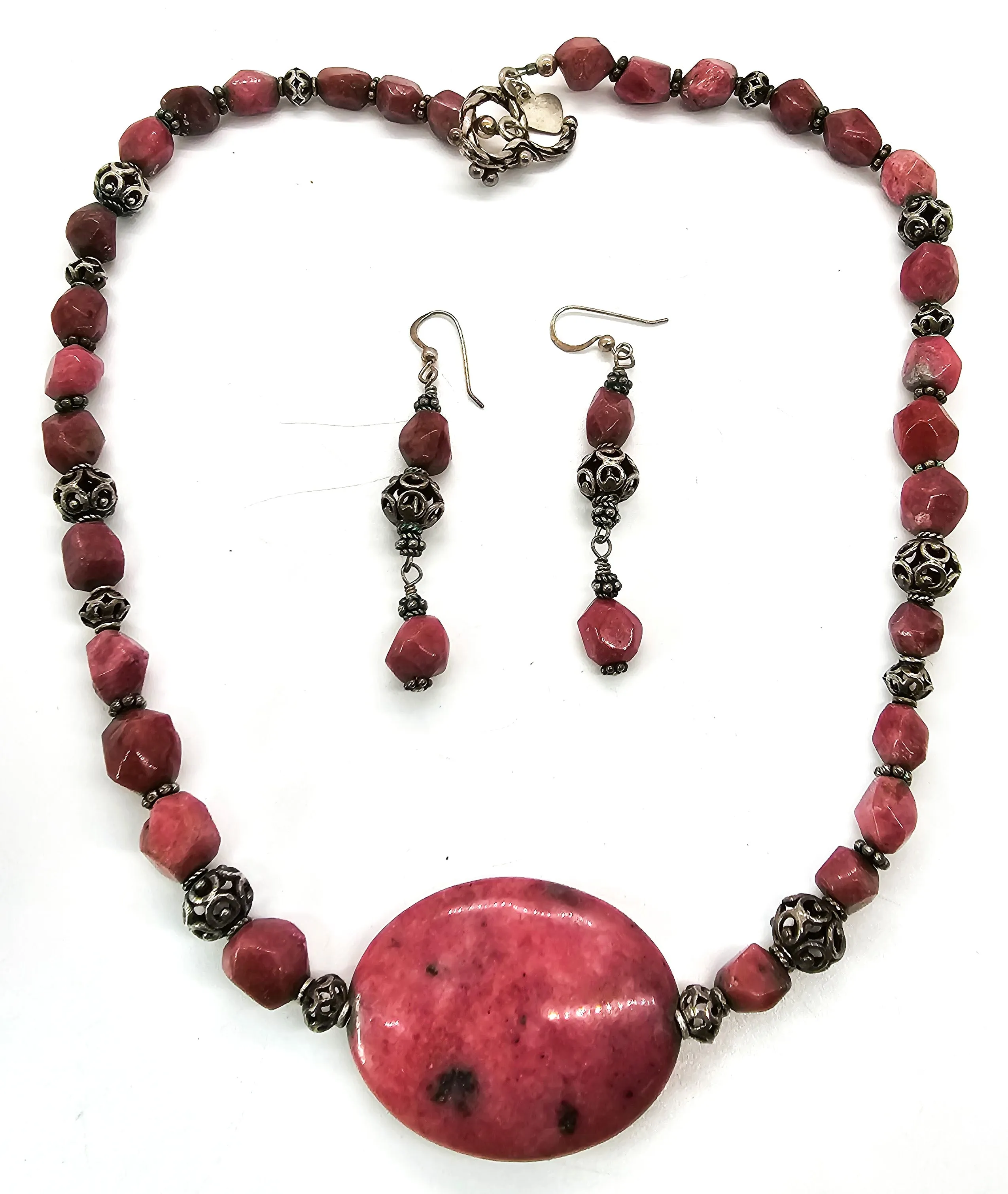 KK Rhodonite chunky pink beaded sterling silver necklace and earrings set