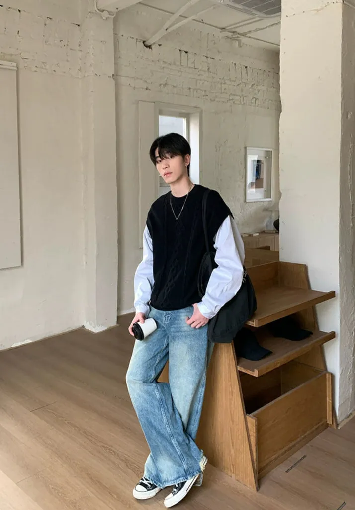 Knit Vest Layered Long-Sleeve Sweater