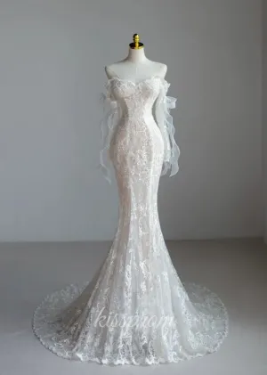 Lace Mermaid Covered-Button Long Sleeve Train Wedding Dress