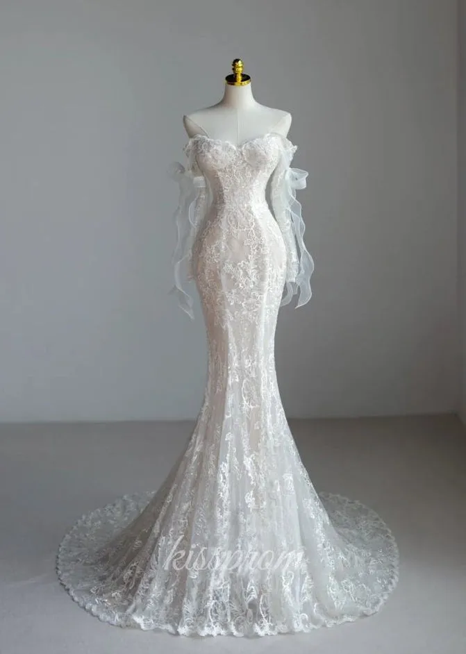 Lace Mermaid Covered-Button Long Sleeve Train Wedding Dress