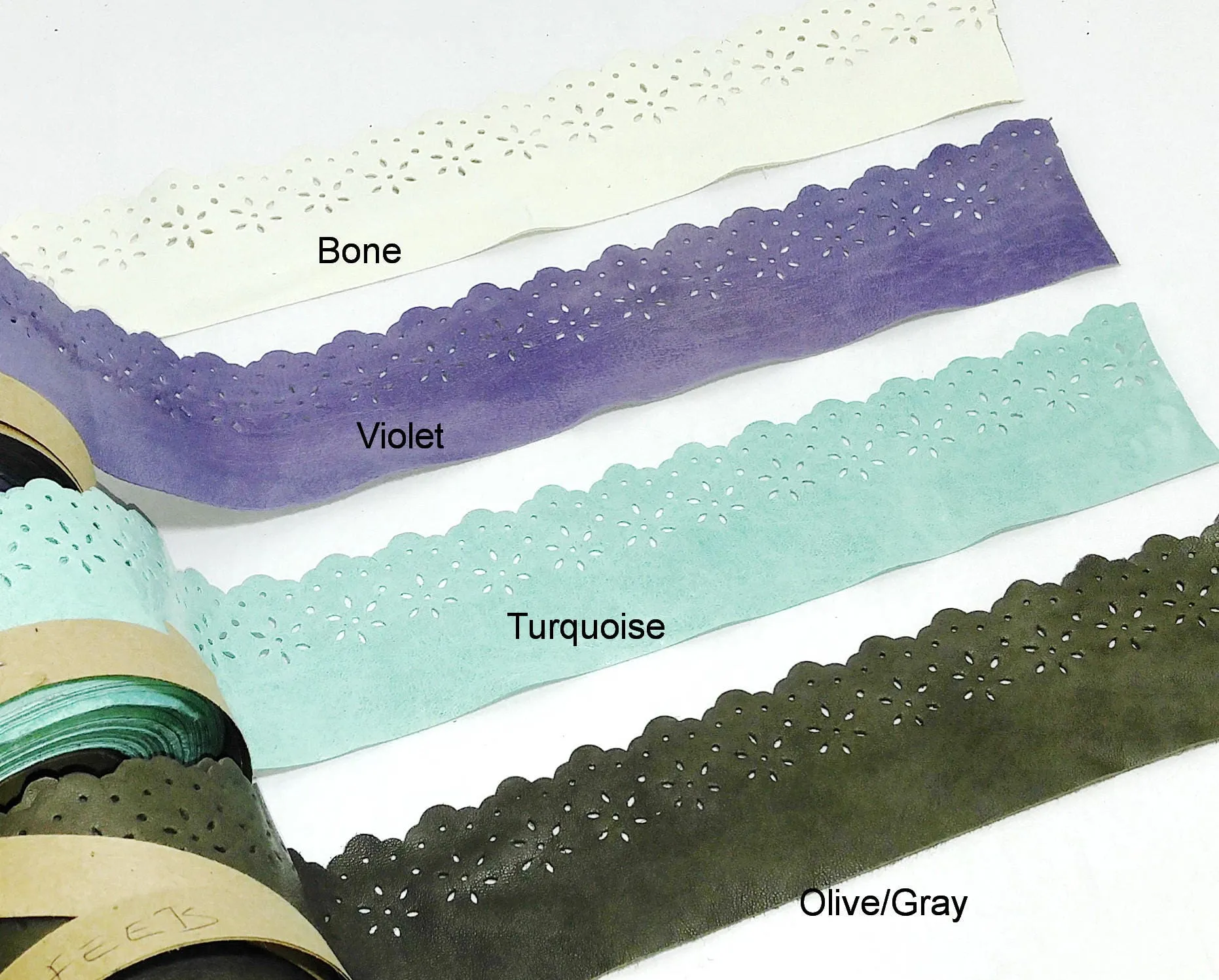 Lamb Leather Floral Trim Tape with Perforated and Scalloped Edge in Various Colors 1-7/8" wide (1 foot long) 3745XLA