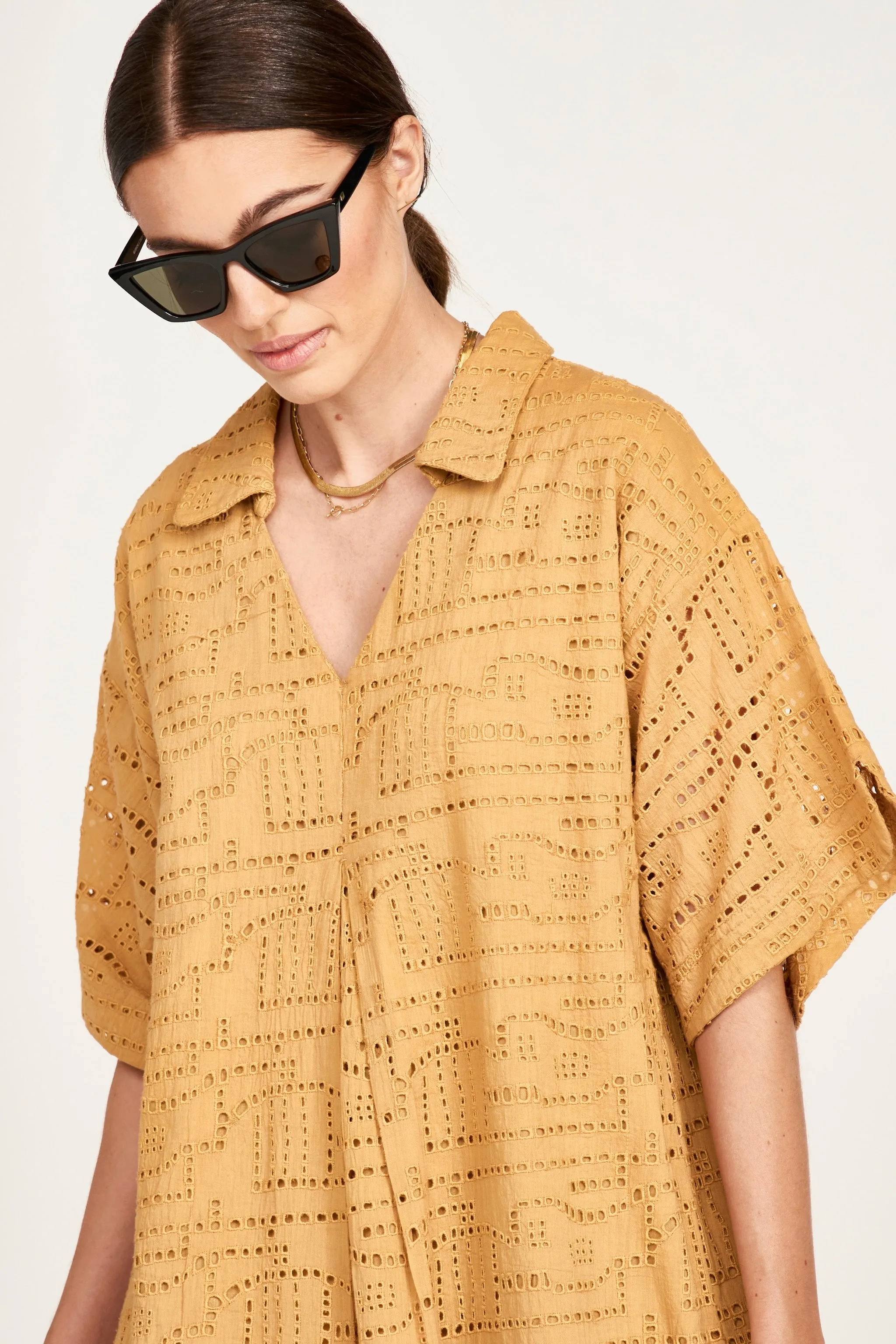 Lanai Popover Dress in Golden Eyelet