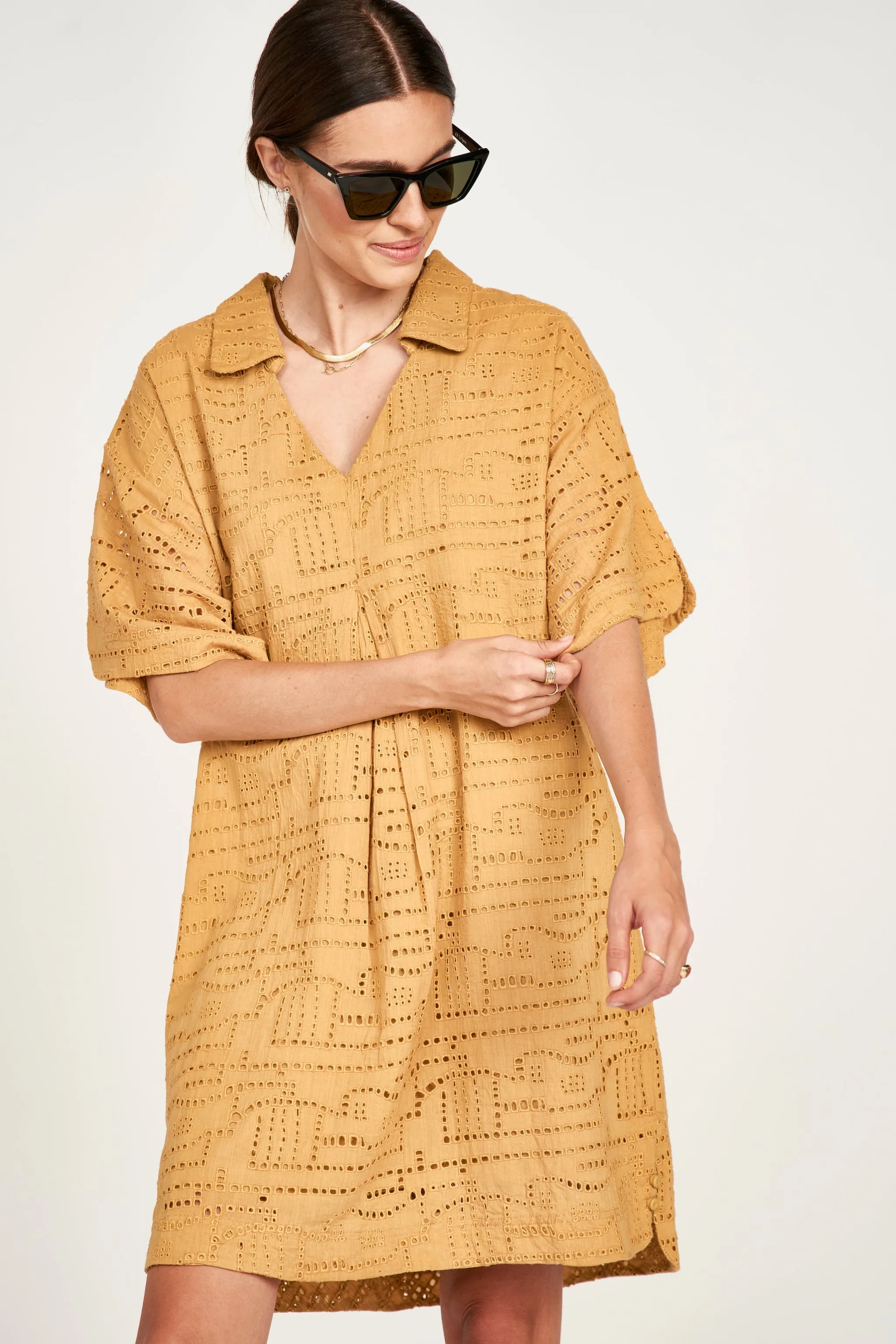Lanai Popover Dress in Golden Eyelet