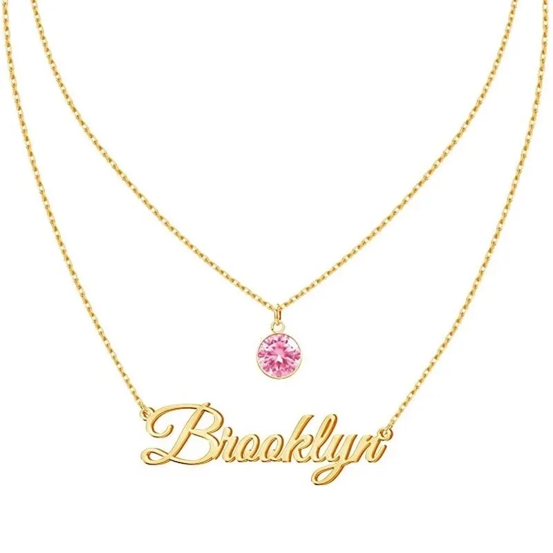 Layered Birthstone & Custom Name Necklace