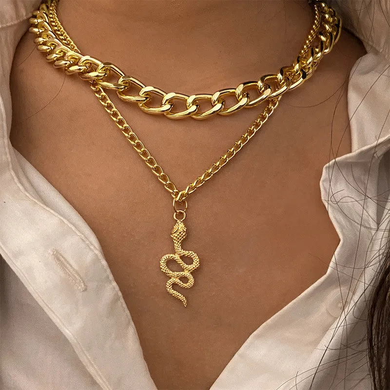 Layered Chunky Chain Snake Pendant