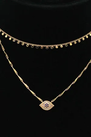 Layered Disc Evil Eye Chain - Rhodium