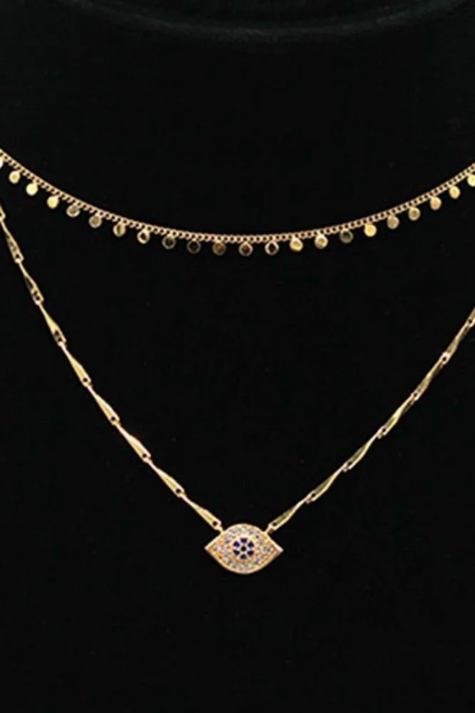 Layered Disc Evil Eye Chain - Rhodium