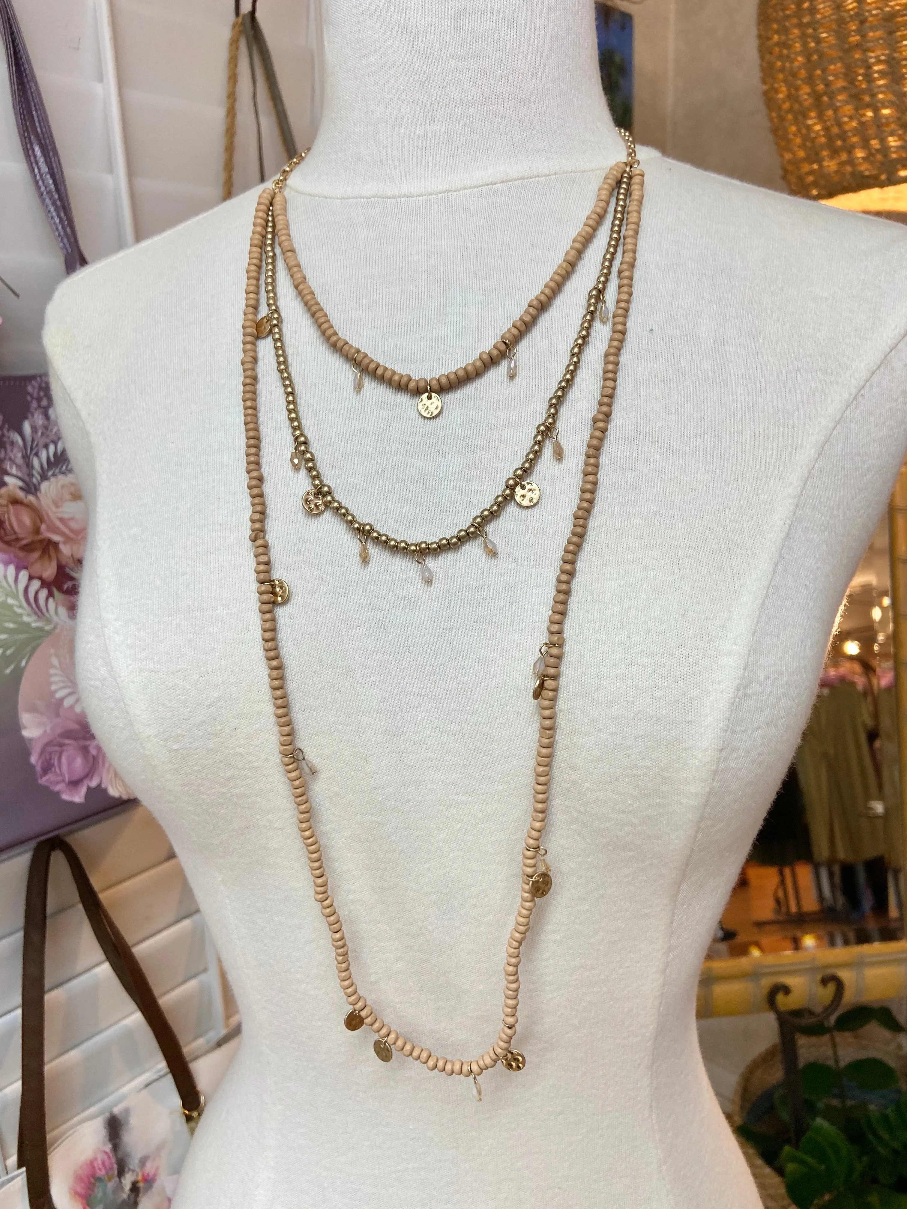 Layered Wood Beaded Necklace