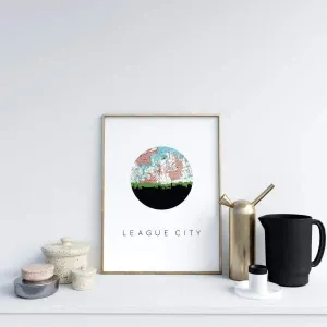 League City, Texas city skyline with vintage League City map