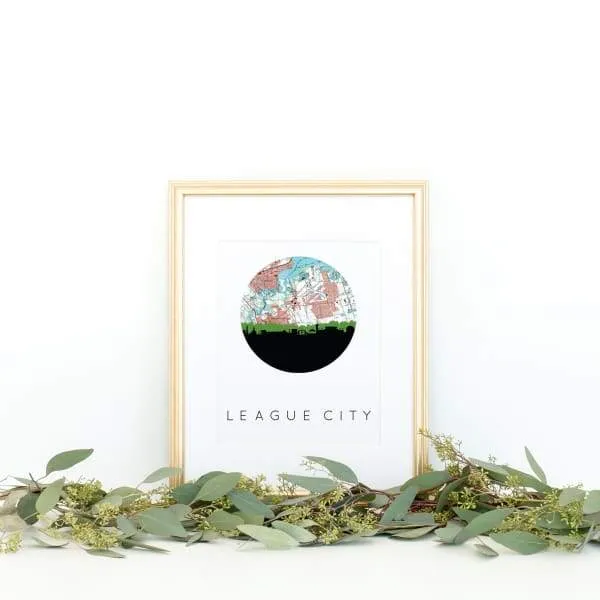 League City, Texas city skyline with vintage League City map