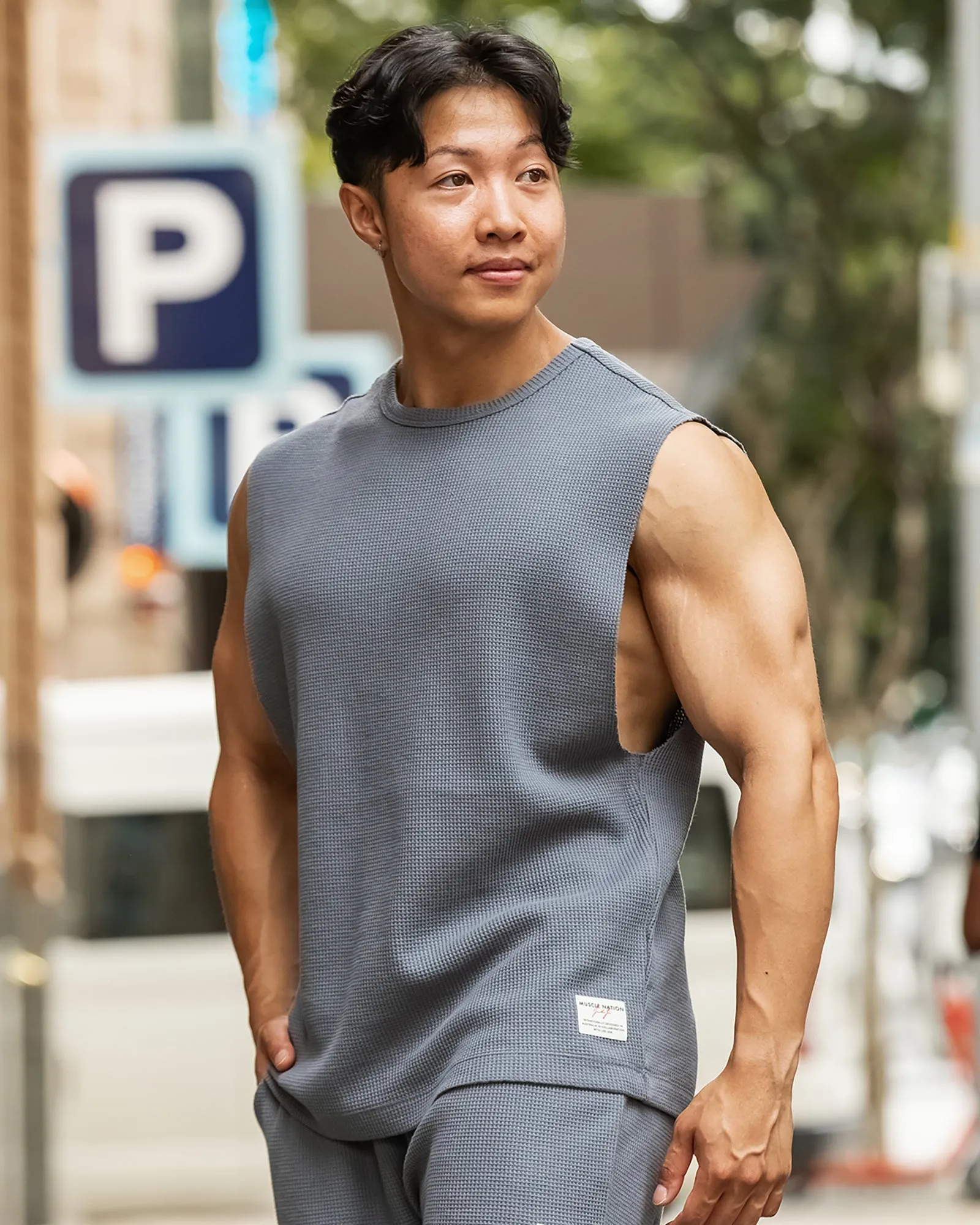 Lee Lem Short Boxy Waffle Muscle Tank - Platinum Grey