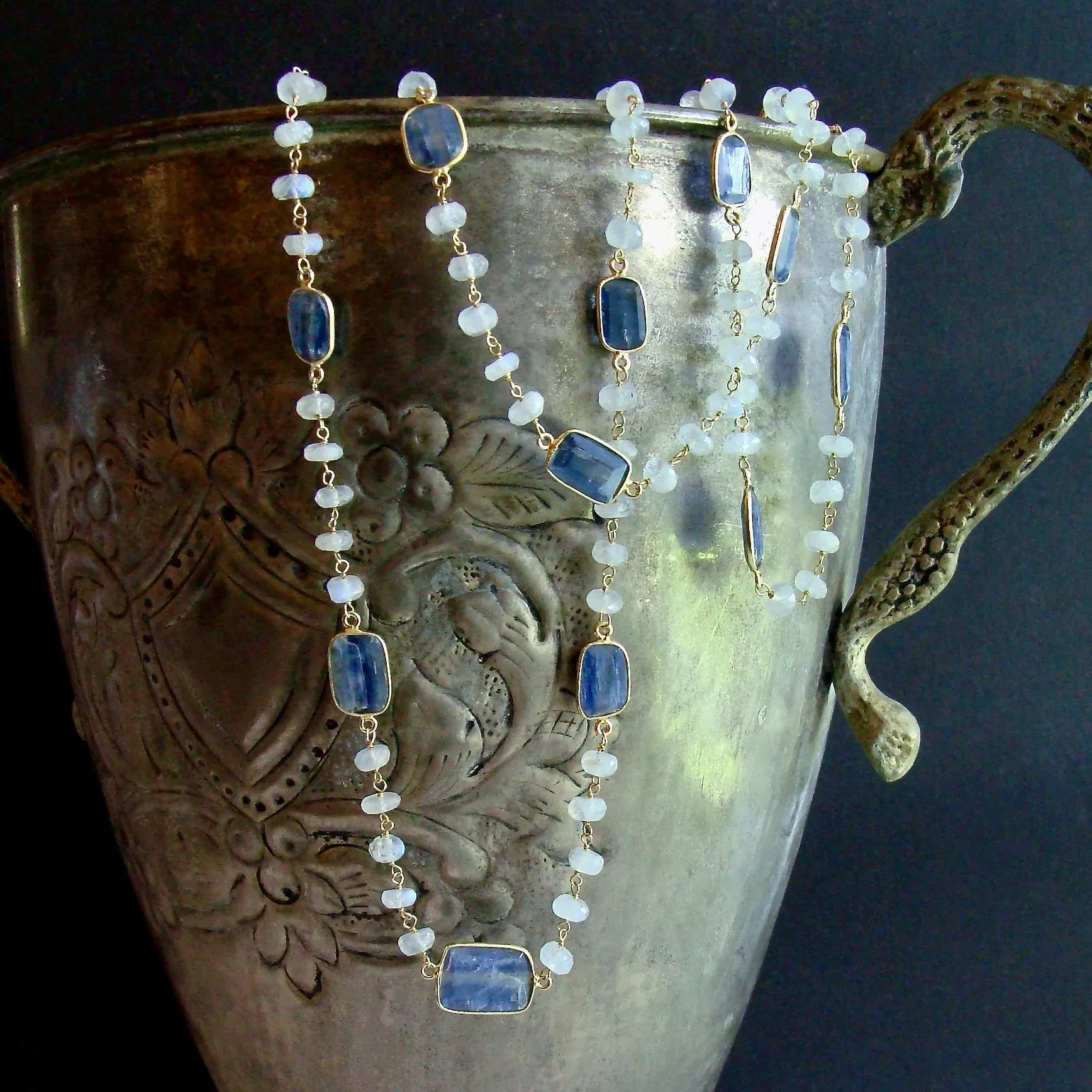 Long Moonstone With Kyanite Bezel Slab Stations Necklace - Atasi Necklace