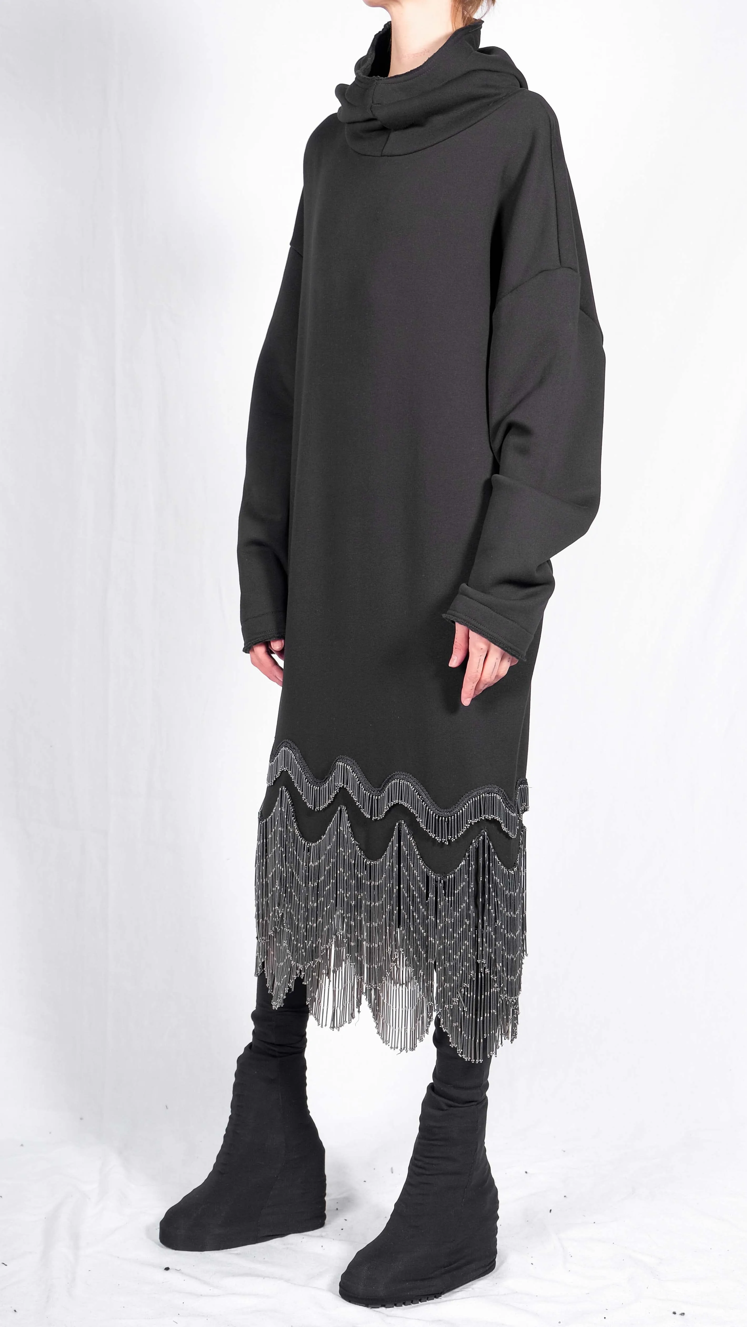 Long Sweatshirt Hoodie Dress with Glass Beaded Fringe