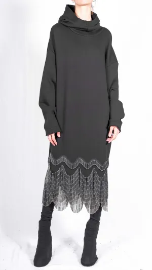 Long Sweatshirt Hoodie Dress with Glass Beaded Fringe